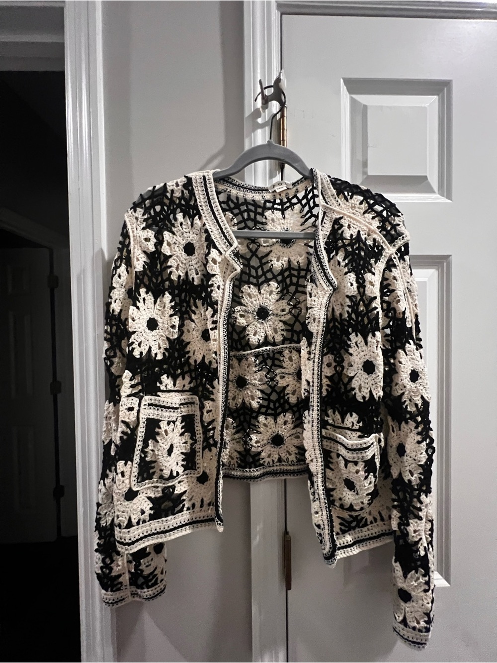 Black & Cream Crochet Open-Front Women's Sweater